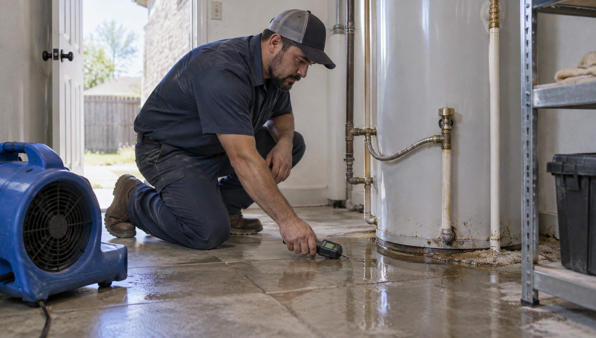 Restoration technician checking a damp utility room floor with a moisture meter beside a leaking tank water heater in a Belton-area home.