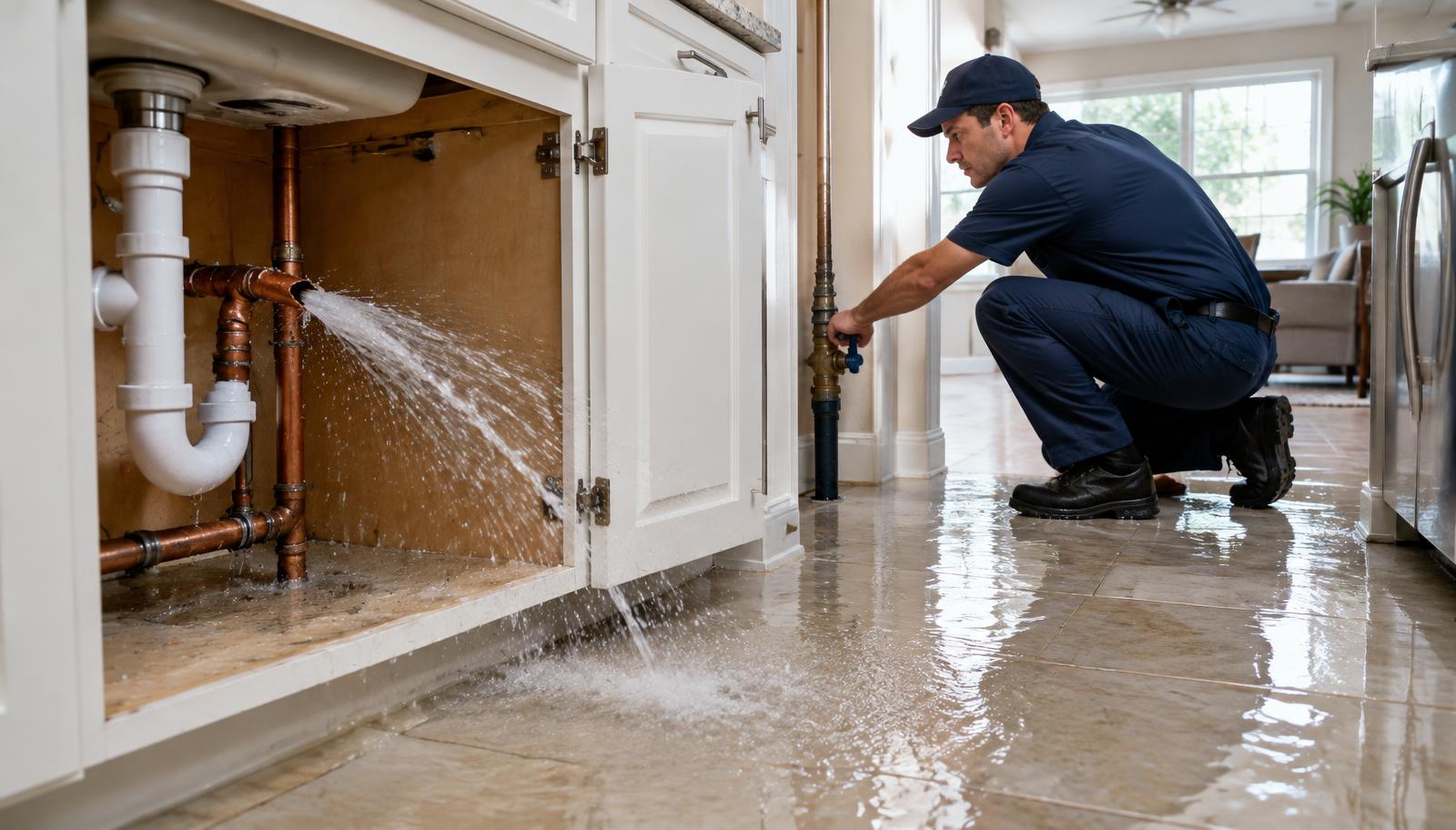 Technician shuts off the main water valve as a burst pipe sprays water onto a kitchen floor in a Belton-area home.