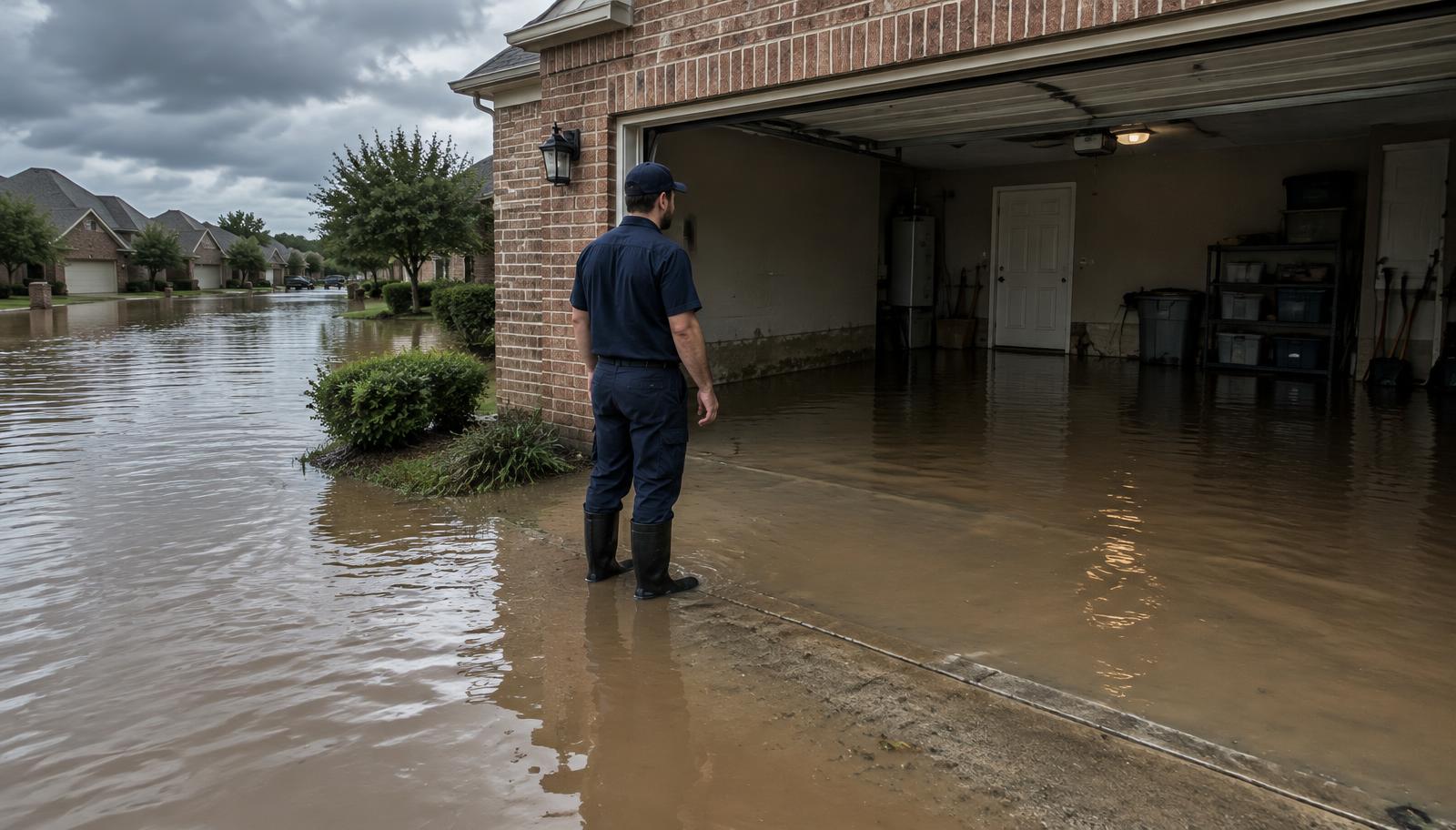 Technician in plain work uniform assessing muddy flash flood water that has entered the garage of a suburban home in Belton, TX.