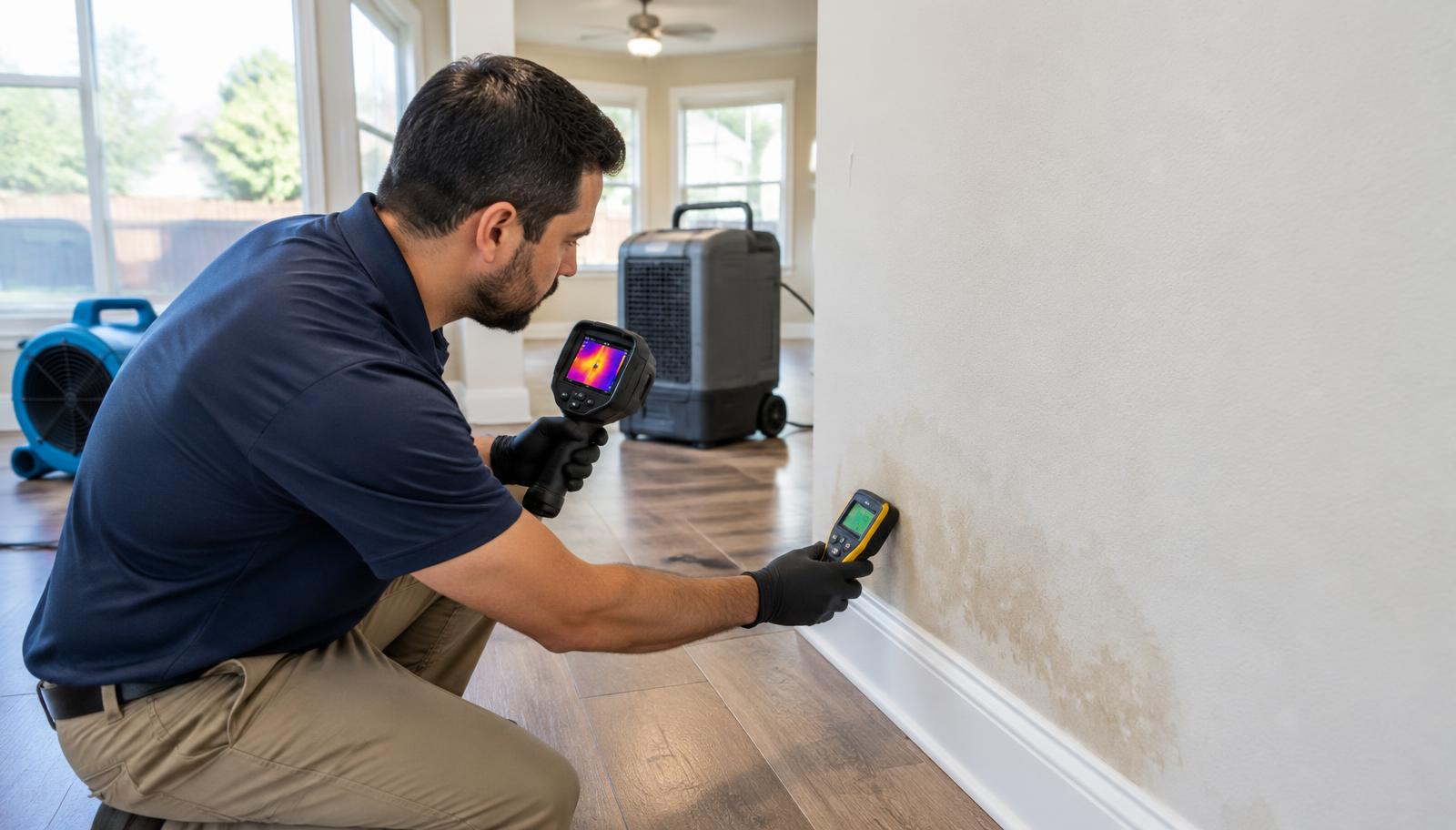 Technician checks a water-damaged wall for hidden moisture in a Central Texas home.