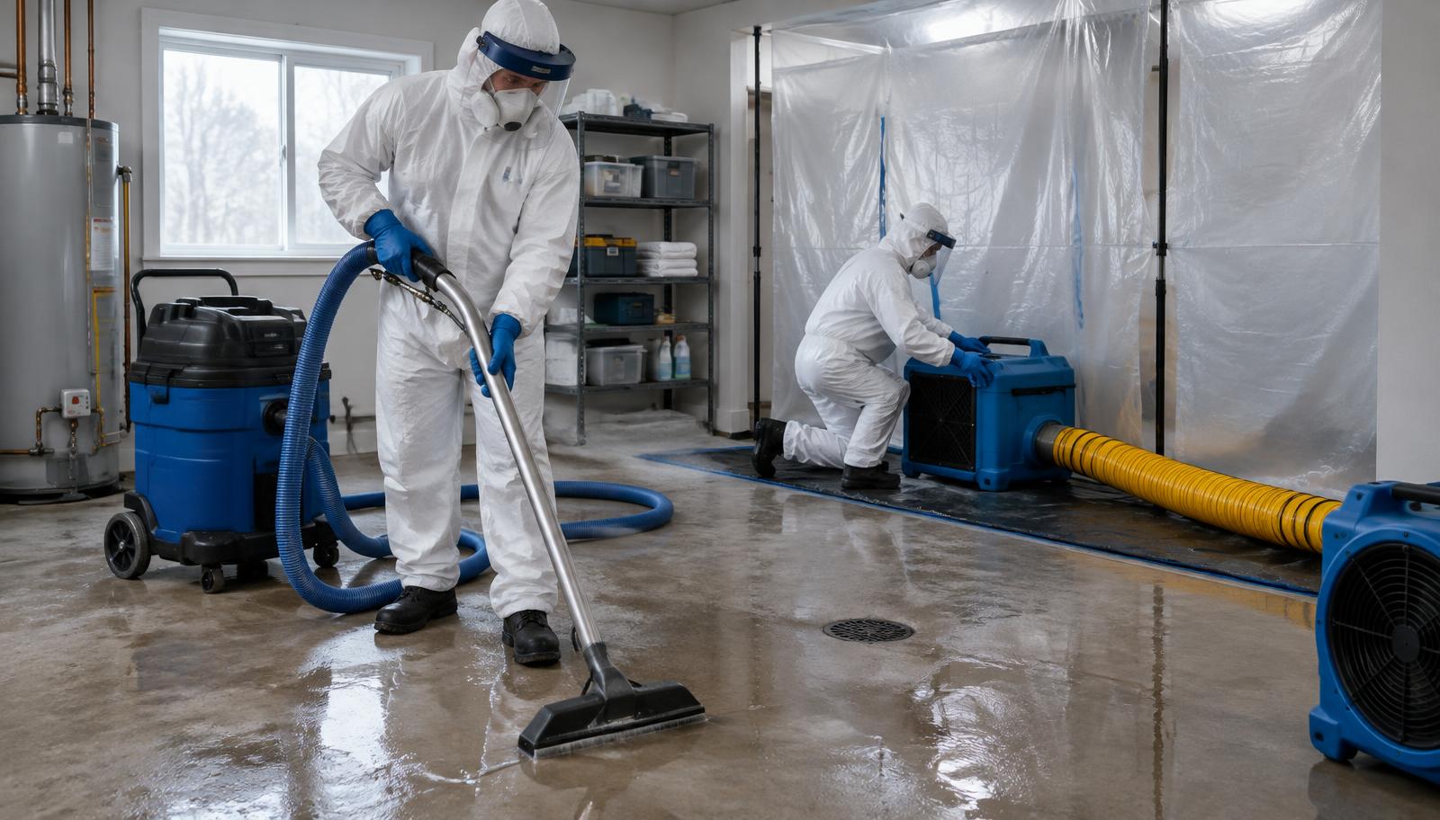 Technicians in protective equipment extract contaminated water and set up containment during sewage cleanup in a Belton-area home.