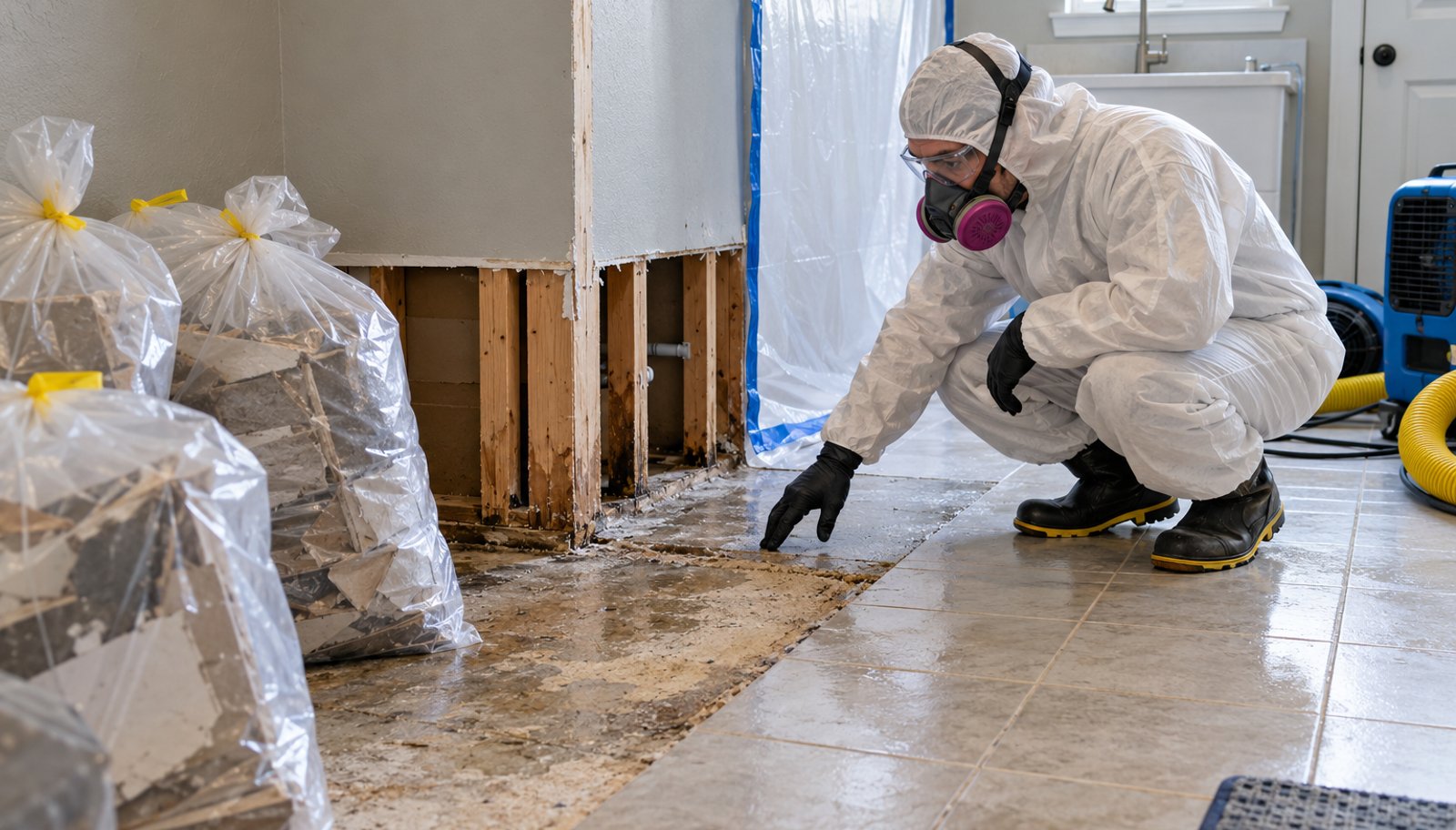 Technician in protective equipment evaluates flooring and drywall during sewage-damage cleanup in a Belton-area home.