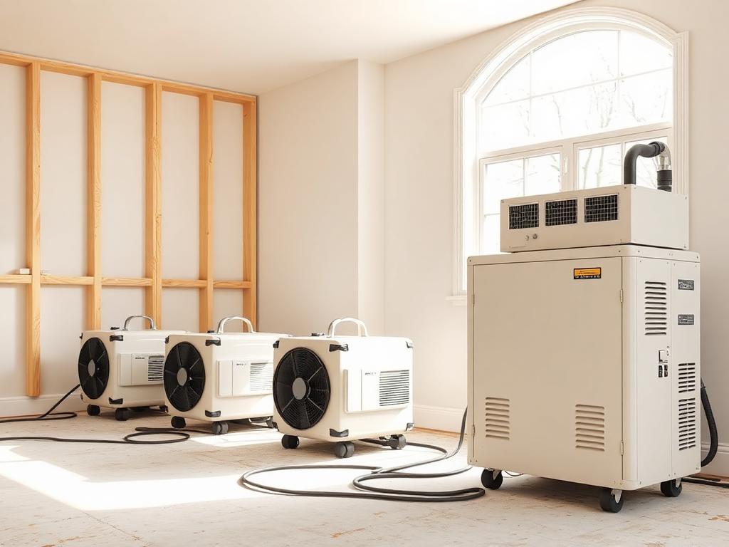 Air movers and dehumidifier drying a residential room