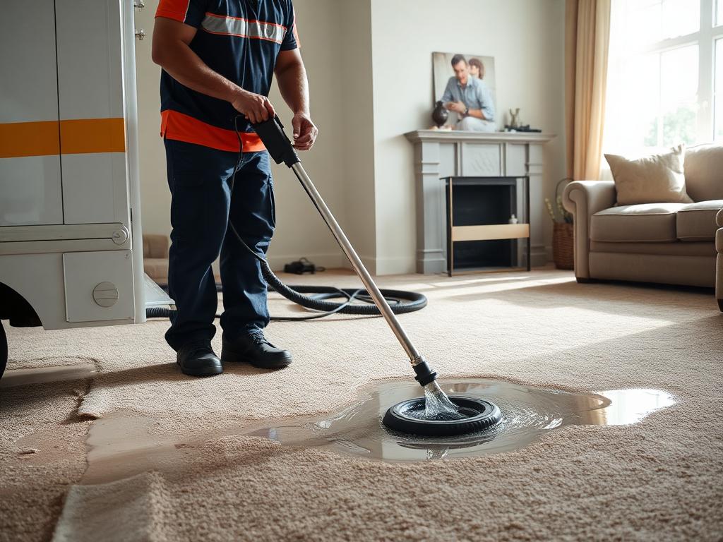 Technician extracting standing water from soaked carpet with an extraction wand