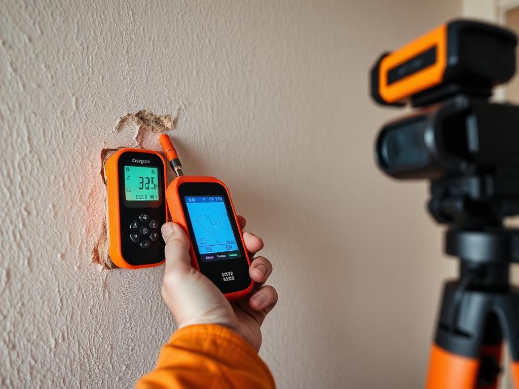 Technician checking a wall with a digital moisture meter