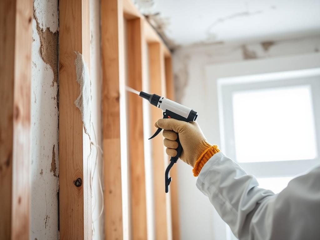 Antimicrobial mold prevention treatment being sprayed on wall studs