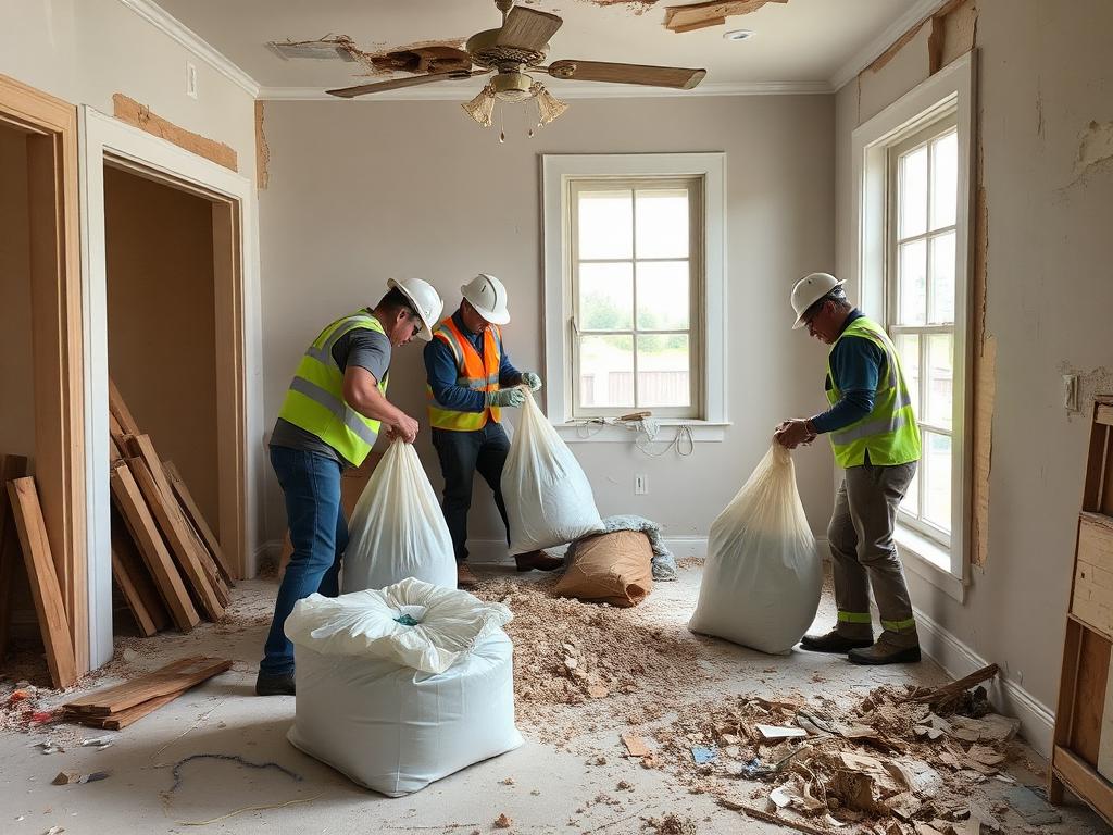 Crew removing damaged drywall and flooring into disposal bags
