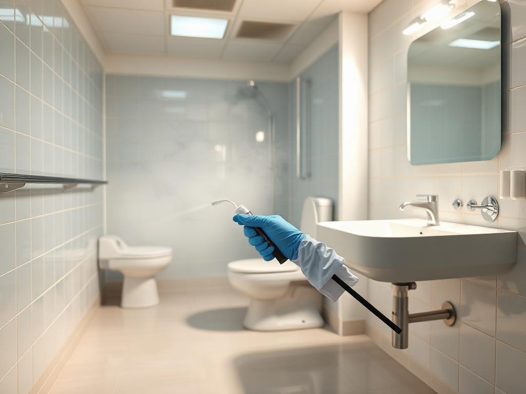 Gloved technician applying hospital-grade disinfectant to a bathroom