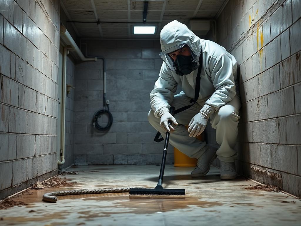 Technician in full PPE extracting contaminated water from a basement floor